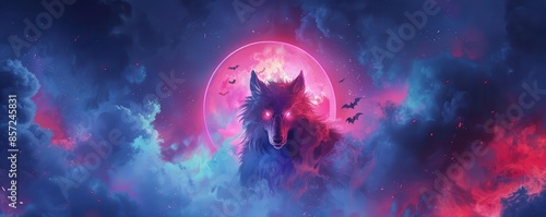 Digital painting of a werewolf under a glowing neon moon, surrounded by holographic bats and eerie light effects