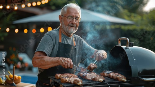 A senior man is barbecuing slabs of meat with enthusiasm in an outdoor setting, exuding joy and mastery, with a backdrop of warm, glowing lights indicating a festive mood.