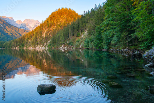 Kaisergebirge Mountains at the Austrian Alps with view to the mountain lake Hintersteiner See. Wilder Kaiser Austrian national park, Scheffau, Tirol, Austria. Nature landscape