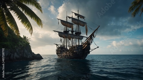 Dark and scary paradise tropical island, pirate ship in the sea, fantasy concept.