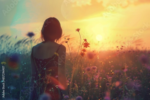 Woman in a field of wildflowers at sunset, depicted in warm hues, evoking peaceful reflection and the tranquility of summer evenings, start of summer