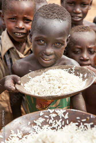 Group of African village children sharing a simple rice meal; concept of scarcity of food and malnutrition in developing countries