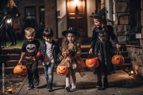 Groups of children with their trick-or-treat bags