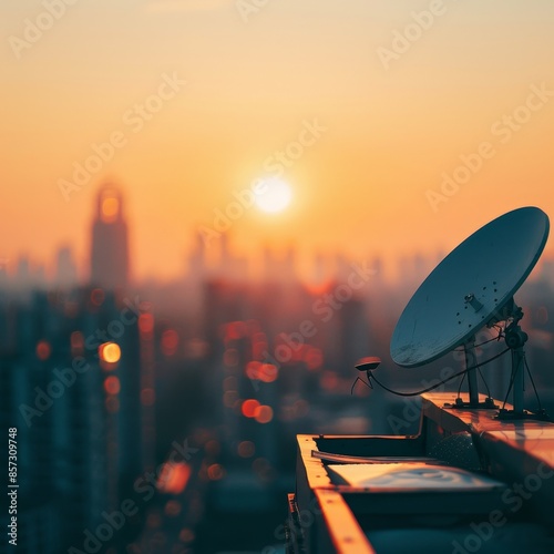 Satellite Dish on Rooftop with Cityscape Sunset.