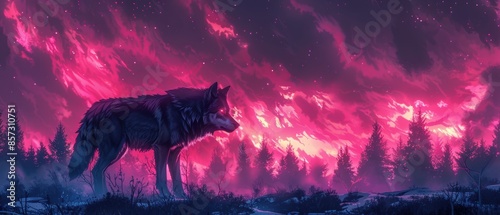 Glowing neon outlines of a wolf pack under the neon sky
