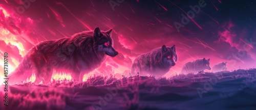 Glowing neon outlines of a wolf pack under the neon sky