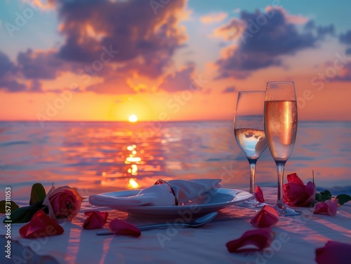 Romantic sunset dinner on the beach. Table honeymoon set for two with luxurious food, glasses of champagne drinks in a restaurant with sea view. Summer love, romance date on vacation concept.