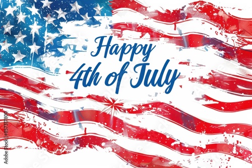 "Happy 4th of July", american flag on white background, text in the middle with clear and legible font Generative AI