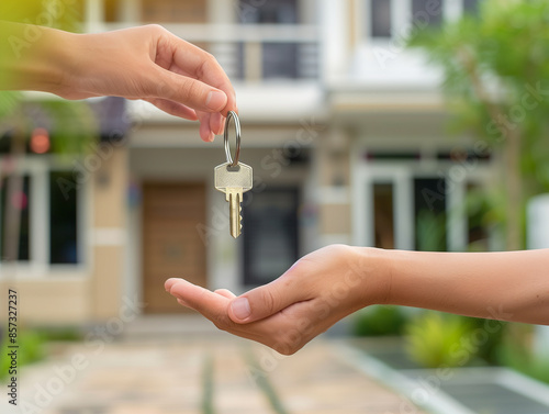 Close-up of realtor hand handing house keys to buyers on cottage background. Real estate transaction concept.