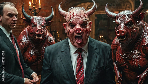 A bunch of greedy, evil politicians with devil-like eyes and horns