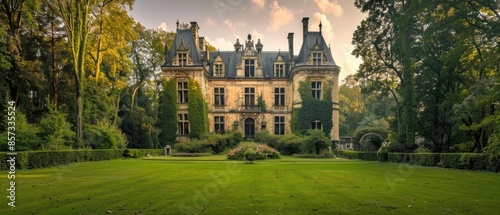 Majestic castle surrounded by lush green gardens