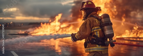 A dedicated firefighter is seen courageously tackling a fierce blaze with a hose, protected by complete gear, showcasing bravery and the fight against danger and chaos.