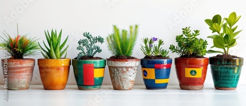 Pots with green plants and flags of various countries, 8k uhd, bright white background, ample room for copy