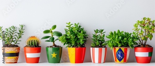 Pots with green plants and flags of various countries, 8k uhd, bright white background, ample room for copy