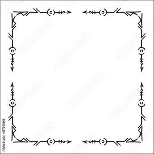 Elegant black and white ornamental frame with Viking runes, decorative border, corners for greeting cards, banners, business cards, invitations, menus. Isolated vector illustration. 