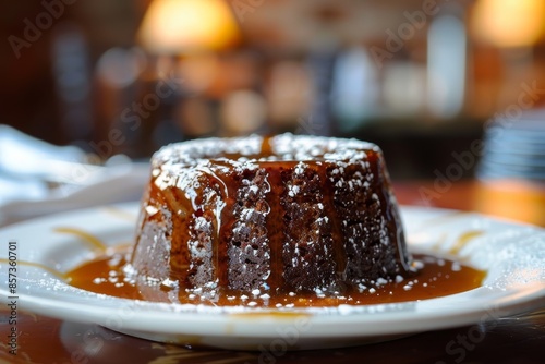 Close up of sticky toffee pudding on white plate with caramel drizzle