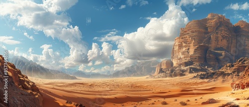 Rocky desert landscape with towering sand dunes