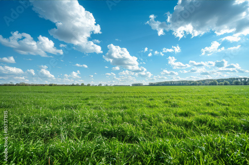 A wide-open green field with lush grass, a clear blue sky, and lots of space for placing text and product images.. AI generated.