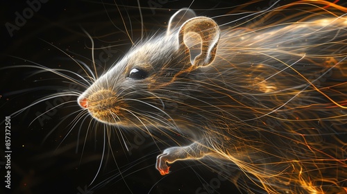 A beautiful glowing white rat with orange and yellow details. The rat is facing the left of the viewer and seems to be running or jumping.