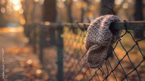 A lonely forgotten mitten hangs on a chain link fence, a reminder of the cold winter months that have passed.