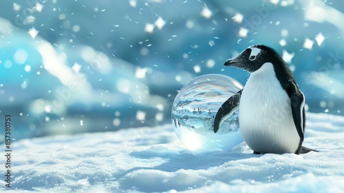 A penguin standing on the ice in front of a large snow globe.