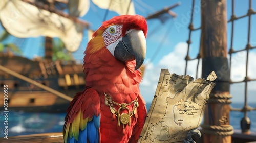 A red parrot with a golden necklace is perched on a wooden railing. The parrot has a torn map in its beak.