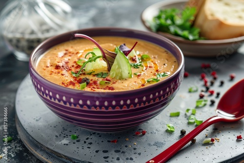 Chicory vegetable cream soup in purple bowl with red spoon on gray dish