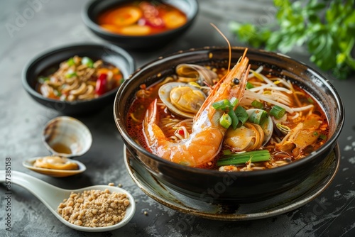 Chinese braised puritan noodle with seafood soup in bowl at luxury halal restaurant