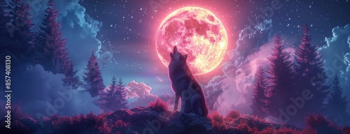 Wolf howling at neon moon, 8k UHD, glowing forest backdrop