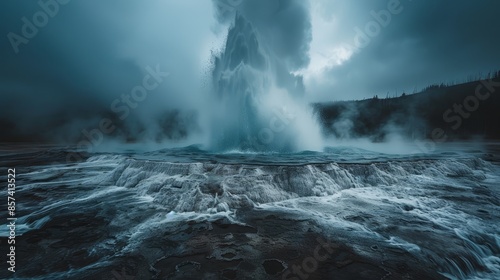  A sizable geyser erupts, ejecting water into a surrounding body, with trees flanking its sides