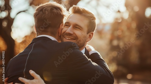 Two men in suits are hugging each other outside. They are smiling and look happy. The sun is shining through the trees in the background.