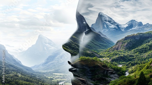 Double exposure combines a woman's face, high mountains and forest. Panoramic view. The concept of the unity of nature and man. Dream, reminisce or plan a climb. Memory of a mountaineer. Illustration.