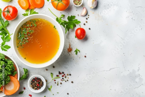 Top view of healthy dinner dish chicken broth with veggies and spices on light background