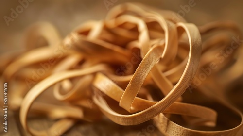 A close-up image of a pile of natural rubber bands. The rubber bands are in various shapes and sizes, and they are all tangled together.