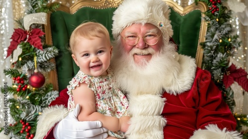 Santa Claus Joyfully Holds A Smiling Baby On His Lap In Front Of Festive Holiday Decorations