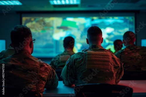 Military personnel in camouflage uniforms participate in a strategic briefing session with screens.