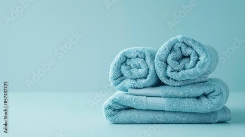 Light blue spa towels pile, bath towels lying in a stack on light blue peaceful background with copy space created with. Generative AI