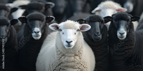 A singular white sheep in a group of black-faced sheep and another group of all white sheep. Concept Sheep Photography, Animal Groups, Diversity in Nature, Monochrome vs Color, Herd Mentality