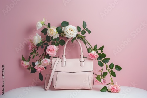 White woman s purser with roses isolated on white and pink background Product photo