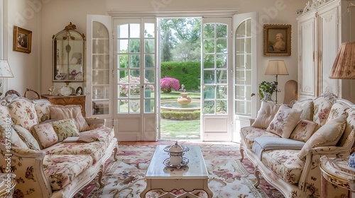 elegant French provincial living room with soft pastel colors, ornate furniture, and floral patterns, complemented by vintage French doors that open to a charming garden