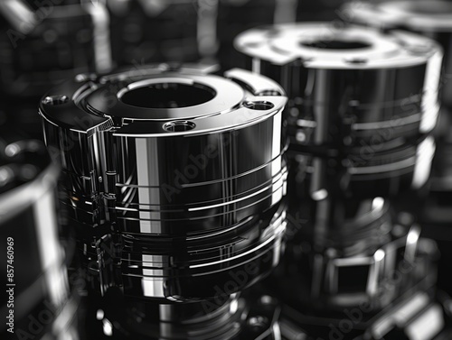 Detailed view of polished industrial metal parts, highlighting precision engineering.