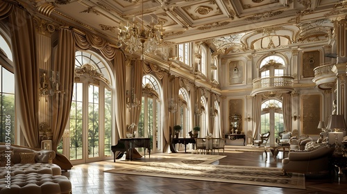 grand ballroom-style living room with ornate plaster ceilings, gilded accents, and floor-to-ceiling windows draped in luxurious fabrics