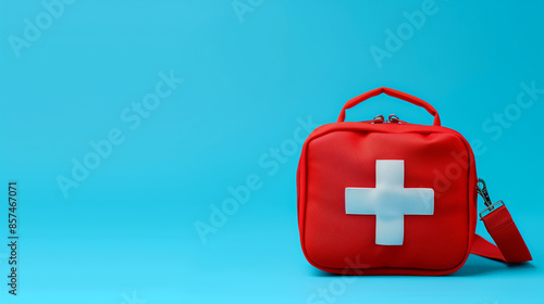 A red first aid bag lies on a blue background, with space for additional text, reflecting the indispensability of a medical kit in a healthcare context.