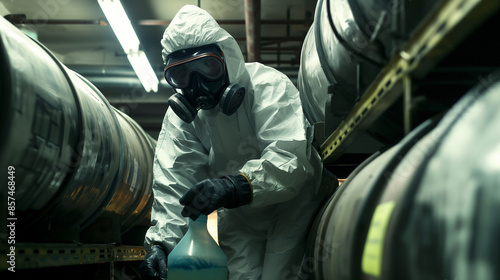 An inside view of a containment chamber, with a worker in complete protective gear carefully labeling hazardous materials