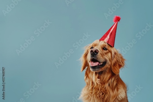 Cute dog celebrating with red pary hat and blow out against a blue background and copy space to side