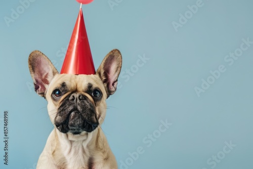 Cute dog celebrating with red pary hat and blow out against a blue background and copy space to side