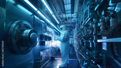 The interior of a modern nuclear reactor glows with advanced technology as a technician in a protective suit conducts vital maintenance tasks