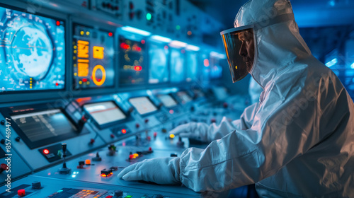 A technician in a protective suit oversees the control room of a modern nuclear reactor, ensuring all systems function correctly and safely