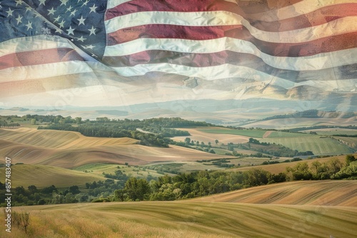 An American flag is superimposed over an idyllic countryside landscape, with rolling hills and farmland stretching to the horizon Generative AI