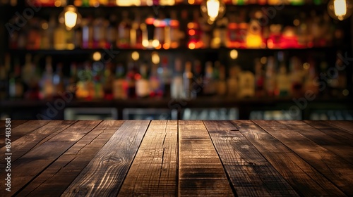 a close up of a rustic empty wooden table with blurred bar with dinks and cokctails background
